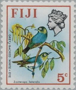 Stamp, Grey-backed White-eye (Zosterops lateralis), Fiji,  , Animals (Fauna), Birds, Flowers, Plants (Flora), Queens, Royalty