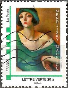 Stamp, Painting of a Woman in Green. by Mendjizky Maurice, France,  , Art, Paintings, Women