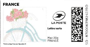 Stamp, Spring. Bicycle with a basket of flowers. Redesign, France,  , Bicycles, Flowers, Spring