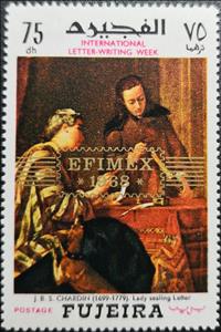 Stamp, Letter sealing lady, by Jean-Baptiste Chardin (c 1732), Fujairah (Fujeira),  , Paintings