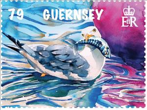 Stamp, Seagull with Fish, Guernsey,  , Birds