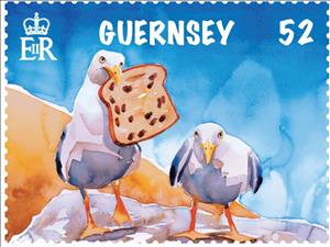 Stamp, Seagull with Piece of Cake, Guernsey,  , Birds