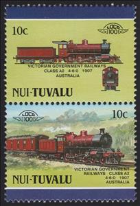 Se-tenant, Victorian Government Railways Class A2 4-6-0 1907 Australia, Tuvalu, Nui,  , Locomotives, Railways