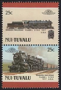 Se-tenant, Wabash Railroad Class L 2-10-2 1917 USA, Tuvalu, Nui,  , Locomotives, Railways