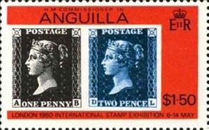 Stamp, Penny Black, Great Britain, Anguilla,  