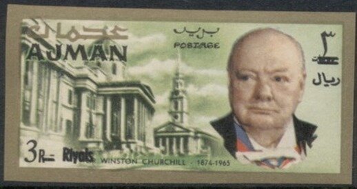 Stamp, National Gallery and Church of St-Martin-in-the-Fields, Lond, Ajman,  , Authors, Churches - Cathedrals - Basilicas - Chapels, Famous People, Heads of State, Literary People (Poets and Writers), Literature, Nobel Laureates, Государственный деятель