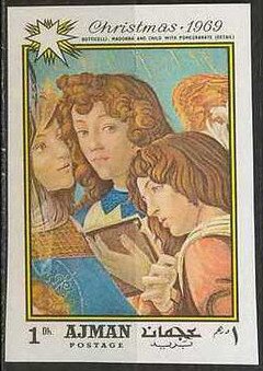 Stamp, Sandro Botticelli: Madonna with the pomegranate, Ajman,  , Art, Christmas, Paintings, Religion