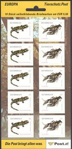 Booklet Pane, Fire Salamander and Noble Crayfish, Austria,  , Amphibians, Animals (Fauna), Crustaceans, Salamander