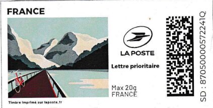 Stamp, Bicycle on a bridge in the mountains. Redesign, France,  , Bicycles, Bridges, Cycling, Lakes, Mountains