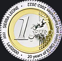 Stamp, 20 Years since the Adoption of Euro Currency: 1 €, Sierra Leone,  , Coins, Round Stamps