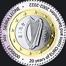 Stamp, 20 Years since the Adoption of Euro Currency: 1 €, Sierra Leone,  , Coins, Round Stamps