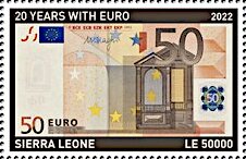 Stamp, 20 Years since the Adoption of Euro Currency: 50 €, Sierra Leone,  , Banknotes