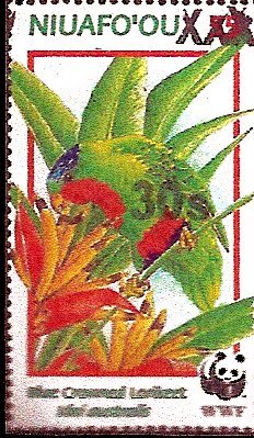 Stamp, Blue-crowned Lorikeet (Vini australis); surcharged 30s, Tonga,  , Birds, Parrots, WWF
