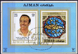 Souvenir Sheet, Alan Shepard - Scorpio, Ajman,  , Famous People, Scorpions, Stained-glass, Zodiac