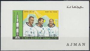 Souvenir Sheet, Apollo 10 (18.5.1969): Cernan, Young, Stafford, Ajman,  , Astronauts, Outer Space, Rockets, Space Traveling