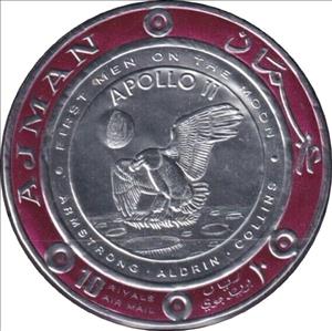 Stamp, Apollo 11, Armstrong, Aldrin, Collins, Ajman,  , Astronauts, Coins, Outer Space, Round Stamps, Space Traveling