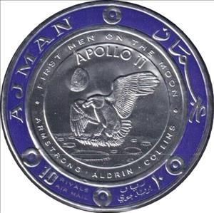 Stamp, Apollo 11, Armstrong, Aldrin, Collins, Ajman,  , Astronauts, Coins, Outer Space, Round Stamps, Space Traveling