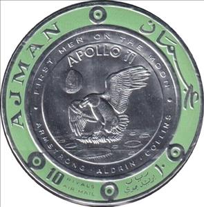 Stamp, Apollo 11, Armstrong, Aldrin, Collins, Ajman,  , Astronauts, Coins, Outer Space, Round Stamps, Space Traveling