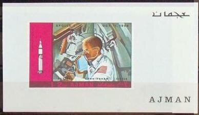 Souvenir Sheet, Apollo 7 (11.10.1968): Schirra, Cunningham, Eisele, Ajman,  , Astronauts, Outer Space, Rockets, Space Traveling