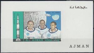 Souvenir Sheet, Apollo 8 (21.12.1968): Borman, Lovell, Anders, Ajman,  , Astronauts, Outer Space, Rockets, Space Traveling