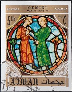 Stamp, Gemini, Zodiac Sign in the Notre Dame Cathedral, Paris, Ajman,  , Stained-glass, Zodiac
