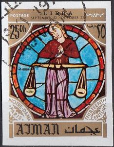 Stamp, Libra, Zodiac Sign in the Notre Dame Cathedral, Paris, Ajman,  , Scales (balance), Stained-glass, Zodiac