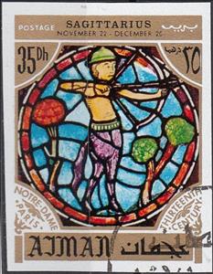 Stamp, Sagittarius, Zodiac Sign in the Notre Dame Cathedral, Paris, Ajman,  , Archery, Stained-glass, Zodiac