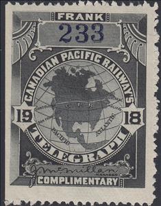 Stamp, Map of North America - Frank - dated 1918, Canada,  , Maps, Railways, Signatures - Autographs, Telegraphy