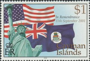 Stamp, Commemorating the Victims of the 9/11 Terrorist Attacks, Cayman Islands,  , Flags, Statues