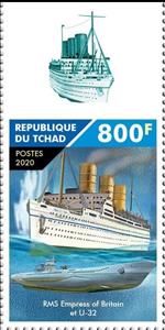 Stamp, RMS Empress of Britain and U-32, Chad,  , Passenger-ships, Ships, Submarines