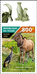 Stamp, Taurotragus derbianus - Balearica pavonina, Chad,  , Animals (Fauna), Birds, Mammals, National Parks