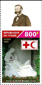 Stamp, Tomb of Henri Dunant, Switzerland, Chad,  , Famous People, Nobel Laureates, Red Cross and Red Crescent, Sculptures