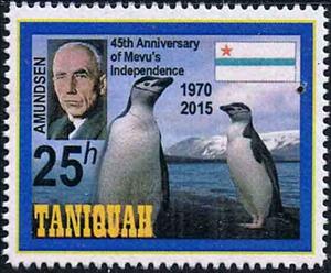 Stamp, Roald Amundsen (1872-1928), penguins and Mevu flag, Cinderellas,  , Animals (Fauna), Birds, Explorers, Famous People, Flags, Penguins