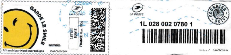 Stamp, Keep smiling. Garde le sourire. in colour Courrier Suivi, France,  , Cartoons