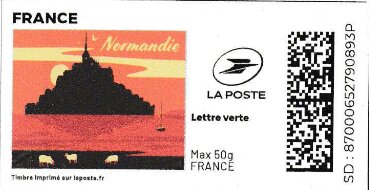 Stamp, Normandy Normandie. Mont St Michel in brown. Redesign, France,  , Islands, Mountains
