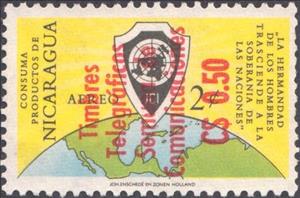 Stamp, Globe showing map of Americas, Nicaragua,  , Chamber of Commerce, Coats of Arms, Communication, Conferences, Globes, Maps, Telegraphy