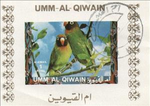Souvenir Sheet, Black-cheeked Lovebird (Agapornis nigrigenis), Umm al-Qiwain,  , Animals (Fauna), Birds, Parrots