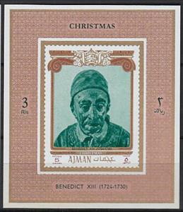 Souvenir Sheet, Benedict XIII (1724-1730), Ajman,  , Christmas, Clergy, Popes, Religion