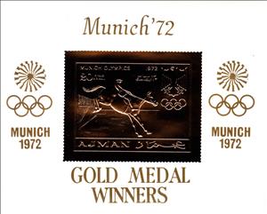 Souvenir Sheet, Show jumping, German National Arms, Ajman,  , Equestrianism and horse riding, Horses, Olympic Games, Sports