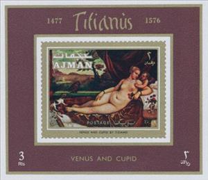 Souvenir Sheet, Venus and Cupid, Tiziano Vecellio, Ajman,  , Art, Nudes, Paintings