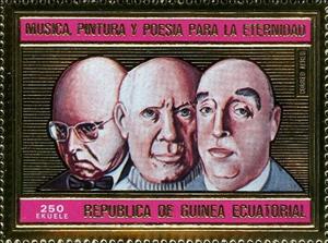 Stamp, Pablo Casals, Pablo Neruda, Pablo Picasso, Equatorial Guinea,  , Composers, Famous People, Literary People (Poets and Writers), Painters