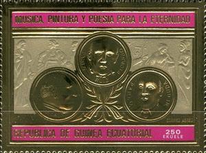 Stamp, Pablo Casals, Pablo Neruda, Pablo Picasso, Equatorial Guinea,  , Composers, Famous People, Literary People (Poets and Writers), Painters