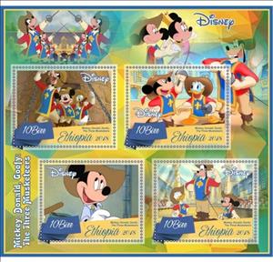Mini Sheet, Animation, Cartoons Disney Mickey, Donald,Goofy_ The Three M, Ethiopia,  