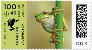 Stamp, European Tree Frog (Hyla arborea), Germany, Federal Republic,  , Amphibians, Animals (Fauna), Frogs