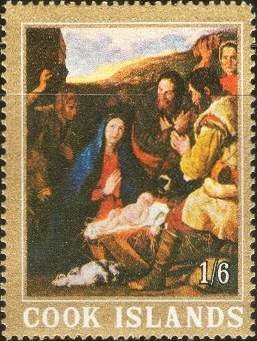 Stamp, Adoration of the Shepherds, by José Ribera, Cook Islands,  , Christmas, Paintings