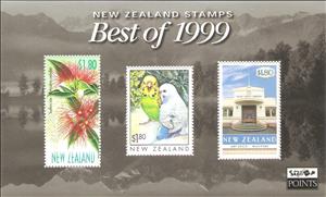 Souvenir Sheet, Best of 1999, New Zealand,  , Birds, Buildings, Parrots, Plants (Flora)