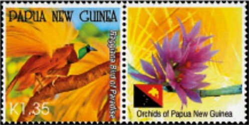 Stamp with Attached Label, Paradisaea raggiana, Papua New Guinea,  , Animals (Fauna), Birds, Flowers, Orchids, Plants (Flora)