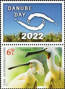 Stamp with Attached Label, Eurasian Spoonbill (Platalea leucorodia), Romania,  , Animals (Fauna), Birds