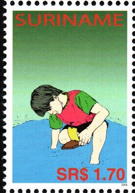 Stamp, Child with sailing boat, Suriname,  , Children, Sailing Ships, Ships