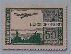 Stamp, Air post stamp for Burgdorf-Bern, Switzerland,  , Aircraft, Buildings